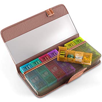 Pill Case Organizer for Home Travel - Weekly Pill Container Dispenser Reminder 4 Times a day to Hold Vitamins Supplements Prescription 7 Days Medication Holder Stylish Wooden Color PU Leather Wallet