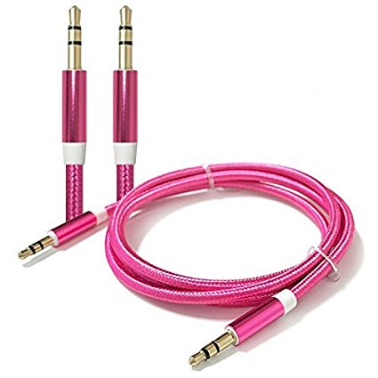 Aux Cable FREEDOMTECH AUX 3.5mm Premium Nylon Auxiliary Audio Cable 3ft 1m AUX Cable for Headphones iPods iPhones iPads Home Car Stereos and More Hot Pink