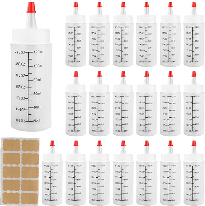 Squeeze Bottle 4oz,Woaiwo-q Small Plastic Squeeze Condiment Bottles with Red Tip Caps and Measurement (20PACK)