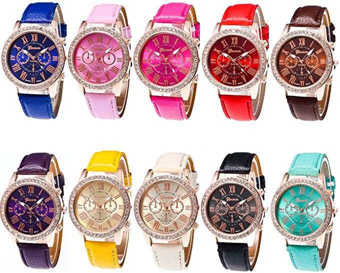 CdyBox Wholesale Watch 10 Pack Rhinestone PU Leather Wristband Roman Numerals Analog Quartz for Women Men