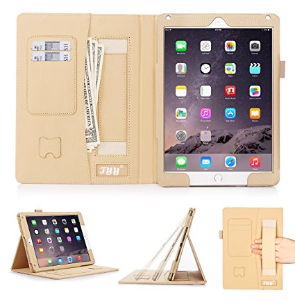 [Luxurious Protection] iPad Air 2 Case Cover, FYY Premium PU Leather Case Stand Cover with Card Slots, Pocket, Elastic Hand Strap and Stylus Holder for iPad Air 2 Gold (With Auto Wake/Sleep Feature)