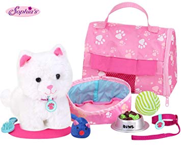 Sophia's 18" Doll Sized Pet Cat with Carrier, Bed & Accessories 10Piece Set 6" Soft White Kitten