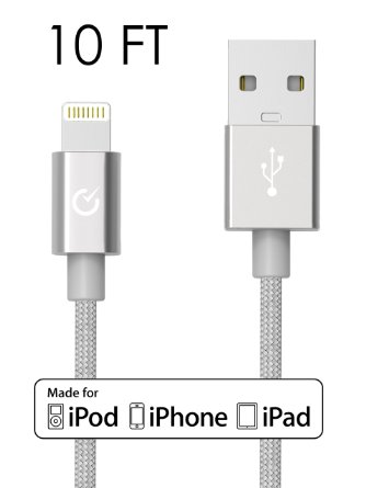 Volts 10ft Lightning Cable to USB [Apple MFi Certified] Charger w/ Ultra Compact Connector Head for Apple iPhone 6 / 6s / 6 plus, iPod, iPad & more (3 meter - Silver)