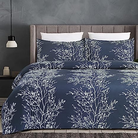 Vaulia Lightweight Cooling Microfiber Duvet Cover Sets, Navy Color Blooming Branches Floral Theme, Dark Blue King Size 3-Piece Set (1 Duvet Cover 2 Pillowcases)