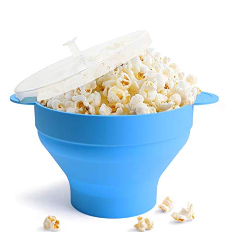 Microwave Popcorn Popper, HIPPIH 100% BPA Free Silicone Popcorn Maker with FDA approved, Collapsible Popcorn Bowl With Lid and Handles for Homemade Popcorn-Light Blue
