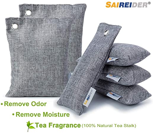 SAIREIDER Bamboo Charcoal Air Purifying Bags (6-Pack)with Tea Fragrance, Nature Fresh Tea Stalk Air Purifier Bags Remove Odors and Moisture, Odor Eliminator for Home, Pets, Car and Office (2x200g 4x75g)