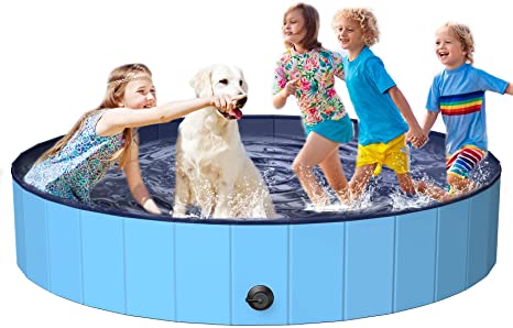 BOIROS Foldable Dog Pool, 63 Inch Portable Dog Swimming Pool Hard Plastic Kiddie Pool Durable PVC Pet Bathing Tub Collapsible Wading Pool for Large Dogs, Cats, Kids, XXL