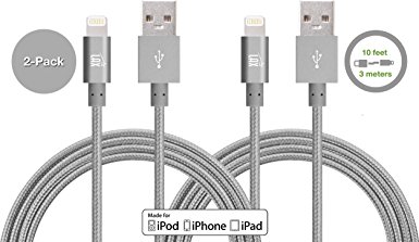 [2 Pack] LAX 10ft Long Apple MFi Certified iPhone Cable Charger - Durable Braided Lightning Cord for iPhone 6s / 6s Plus / 6 / 6 Plus / 5s / 5c / 5 / iPad Air 2 / Air / Mini 4 / 3 / 2 / Pro(Gray)