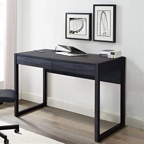 ICE ARMOR 99JET400-4827 Writing Elegant Blue Finish-Two Drawers, Power Outlet, USB Ports-Sturdy Wooden Study, Work Desk-Modern Computer Table for Home, Dark Grey and Black