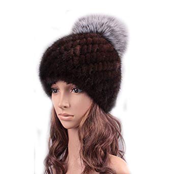 Womens Skullies & Beanies Silver Fox Fur Ball   Mink Fur Hat Knitted Womens Winter Hats