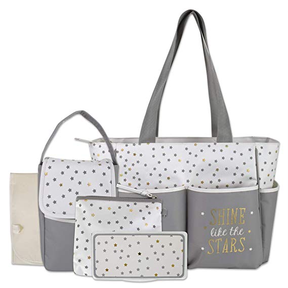 Diaper Bag Tote 5 Piece Set with Sun, Moon, and Stars, Wipes Pocket, Dirty Diaper Pouch, Changing Pad (Grey/Cream)