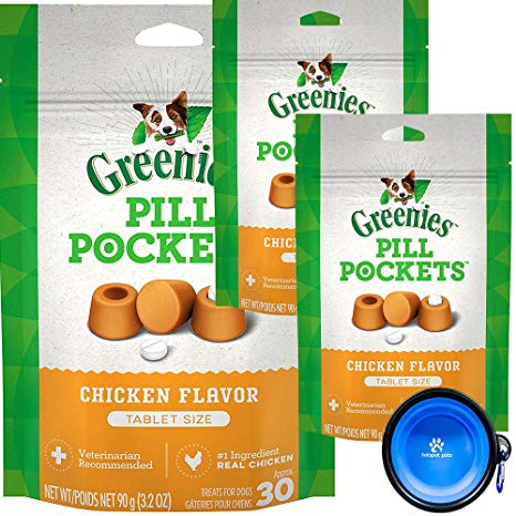 Greenies Pill Pocket Tablet for Dogs (3 Pack) Chicken Flavored Dog Treats (90 Tablets) Bundle with "HotSpot" Pets Collapsible Travel Bowl