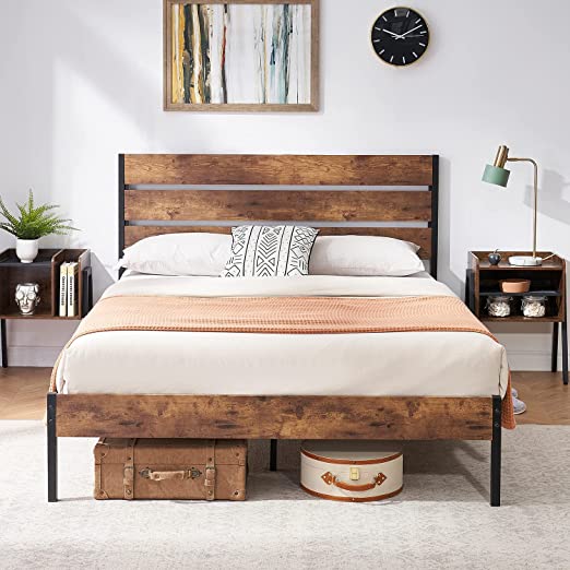 VECELO Platform Full Bed Frame with Rustic Vintage Wood Headboard, Mattress Foundation, Strong Metal Slats Support, No Box Spring Needed, Black & Wood Grain