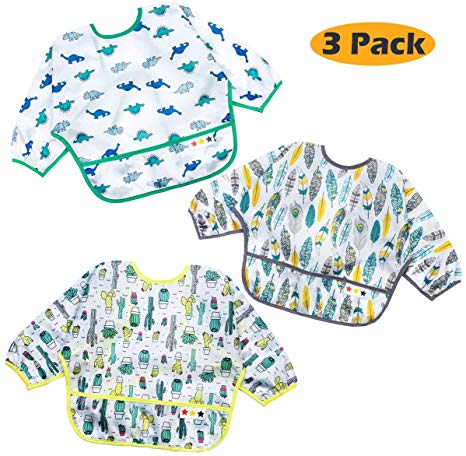 Baby Bibs 6-24 Months Bibs with Sleeves Long Sleeved Bib Baby Bandana Bibs Drool Baby Bib Apron Baby Drool Bibs for Boys Infant 3-Pack