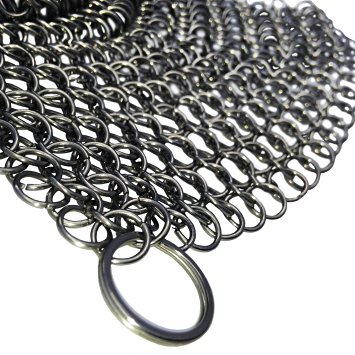 Cast Iron Cleaner and Scrubber by Küche Chef. XL 8x8 Inch Premium 316 Stainless Steel Chainmail Scrubber