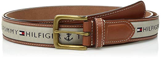 Tommy Hilfigher Men's Ribbon Inlay Belt - Ribbon Fabric Design with Single Prong Buckle