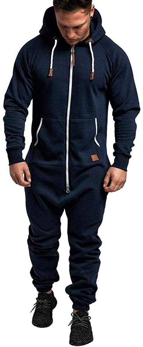 Men's Hooded Onesie Jumpsuit Sports Romper Overall Zip up Playsuit Drawstring Sportswear Adult Overall Hoodie