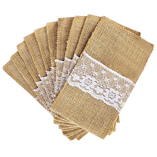 OurWarm 50 Pack 4 x 8 Inch Natural Burlap Utensil Holders Knifes Forks Bag Cutlery Pouch Party Bridal Shower Wedding Tableware Bags Favor