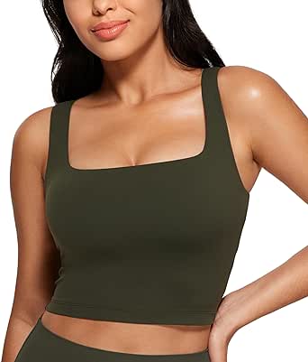 CRZ YOGA Butterluxe Womens Square Neck Longline Sports Bra - Workout Crop Tank Tops Padded with Built in Shelf Yoga Bra