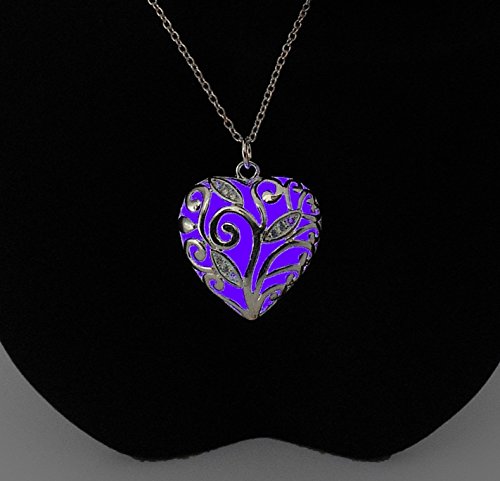 Purple Glowing Heart Necklace, Glowing Jewelry, Glow in the Dark, Violet Glowing Pendant, Glowing Chain Necklace Heart, Silver Necklace, Gifts for Her, Valentine's Day Gift