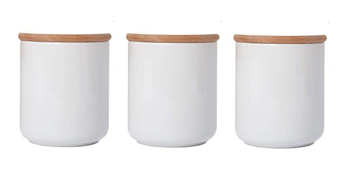 White Kitchen Canisters Ceramic Containers With Wood Lids Food Storage Jars With Airtight Lids Salt Sugar Container Tea Coffee Spice Jars 22Floz 3 Piece Set