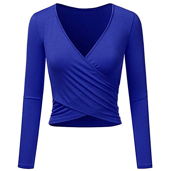 Eleangel Women's Long Sleeve Wrap Crop Tops Deep V Neck Designed Slim Fit Coss T Shirts