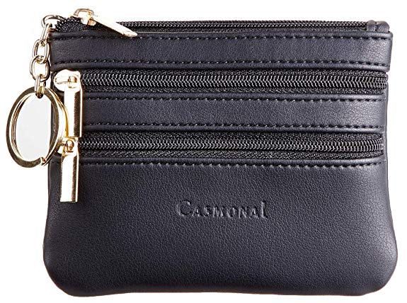 Casmonal Womens Genuine Leather Coin Change Purse Pouch Slim Minimalist Front Pocket Wallet Key Ring