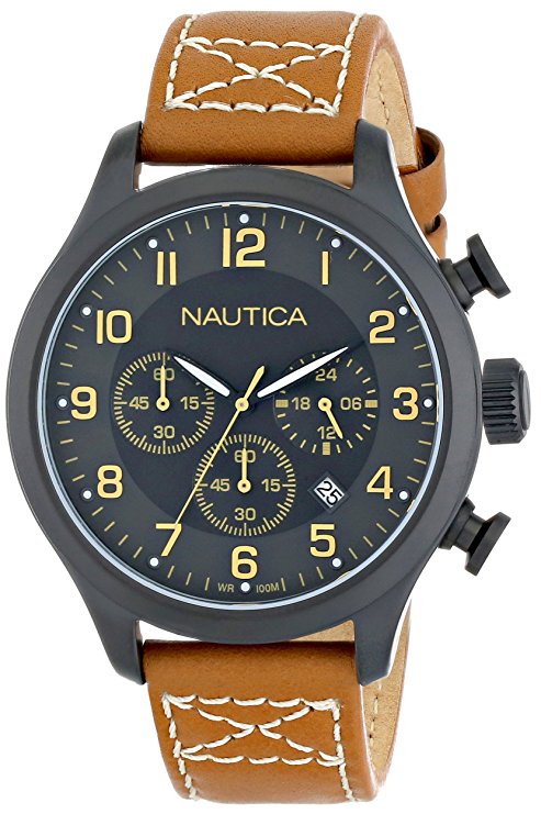 Nautica Men's N16599G BFD 101 Chrono Classic Stainless Steel Watch with Tan Leather Band