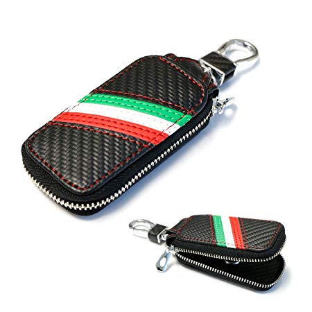 iJDMTOY (1 Italian Italia Flag Stripe Carbon Fiber Pattern Leather Key Holder Cover Wallet for Fiat Ferrari Maserati Lamborghini, etc