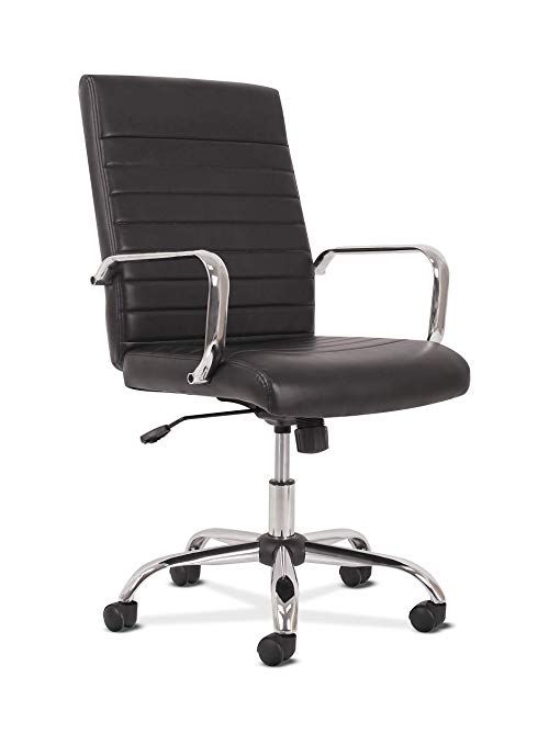 Sadie Executive Computer Chair- Fixed Arm for Office Desk, Black Leather with Chrome Accents (HVST511)