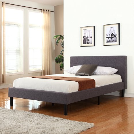 Deluxe Tufted Grey Platform Bed Frame with Wooden Slats (Full)