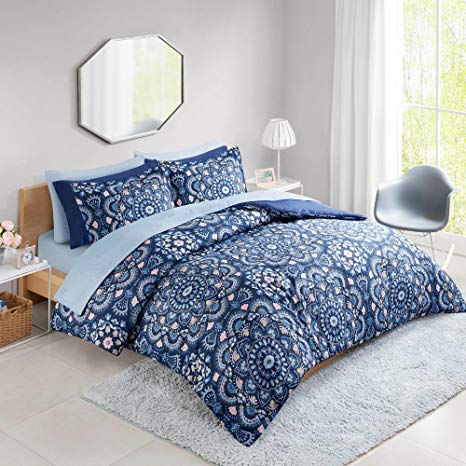 Bed in a Bag Queen Comforter Set with Sheets feat. Two Side Pockets - Cara 9 Piece All Season Bedding Sets Queen Microfiber Printed Blue Medallion