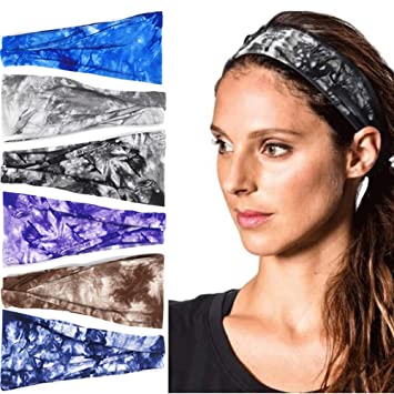 Headbands For Women, 6 PCS Yoga Running Sports Cotton Headbands Tie Dye Elastic Non Slip Sweat Headbands Workout Hair Bands Fashion Face Scarf Bandana for Girls