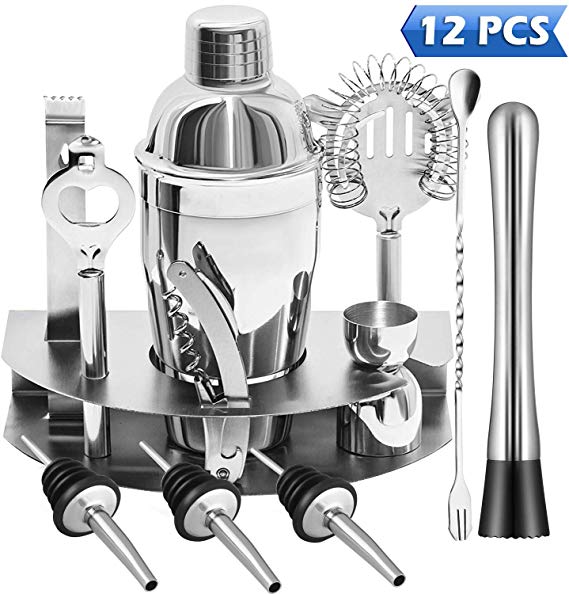 Cocktail Shaker Set, Bsyexcellent 12 Piece Bartender Kit Bar Tool with Bar Accessories, Stand, Stainless Steel Martini Mixer, Drink Mixing Spoon, jigger, Bottle Opener, Pour Spouts, Home Bartending