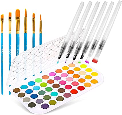 Water Coloring Brush Pens, Ohuhu Set of 6 Aqua Painting Brushes   Watercolor Paint Set, Ohuhu 48-Color Watercolor Pallet Fundamentals Set Vibrant Water-Color Cakes with a Variety of 6 Paintbrush