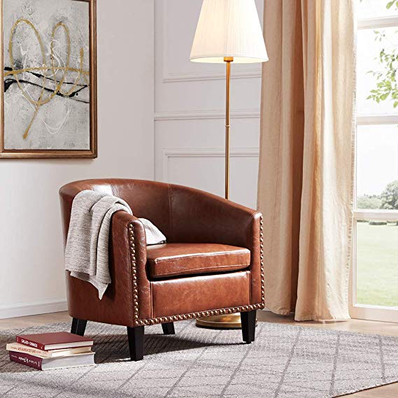 Belleze Modern Upholstered Arm Club Chair Faux Leather with Nailhead Tub Barrel Style, Brown