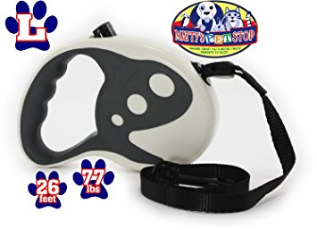 Matty's Pet Stop Retractable Dog Leash, 26 Ft for Large Dogs up to 77 Pounds, Tangle Free, One Button Break & Lock - White & Grey