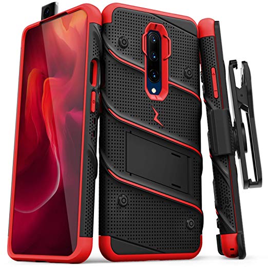 ZIZO Bolt Series OnePlus 7 Pro Case | Military-Grade Drop Protection w/Kickstand Bundle Includes Belt Clip Holster   Lanyard Black Red