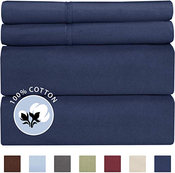 100% Cotton Queen Sheets Navy Blue (4pc) Silky Smooth, Cooling 400 Thread Count Long Staple Combed Cotton Queen Sheet Set – 400TC High Thread Count Queen Sheets - Queen Bed Sheets All Cotton