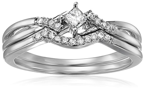10k White Gold Princess-Cut And Round Diamond Bridal Wedding Ring Set (1/5cttw, H-I Color, I1-I2 Clarity)