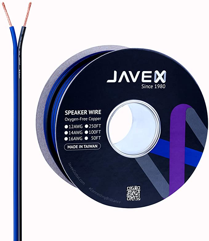 JAVEX Speaker Wire 14-Gauge AWG [Oxygen-Free Copper 99.9%] Cable for Hi-Fi Systems, Amplifiers, AV receivers and Car Audio Systems, Blue/Black, 50FT