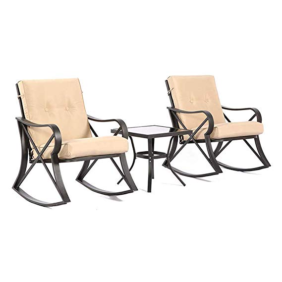 Solaura Rocking Bistro Set 3-Piece Black Steel Outdoor Furniture with Beige Cushion & Glass Coffee Table