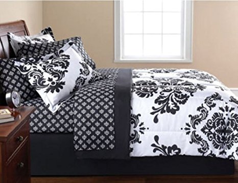 Black & White Damask Queen Comforter & Sheet Set (8 Piece Bed In A Bag)