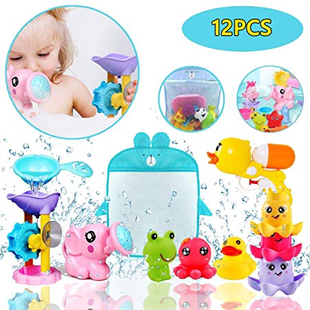 ZHENDUO 12 PCs Baby Bath Toys Set, Squirt Toy, Stacking Cups, Watering Can, Bath Toys Storage Organiser, Baby Toys for Kids, Bath Toys Birthday Gift for Toddlers, Bathtub Toys Swimming Baby Toys