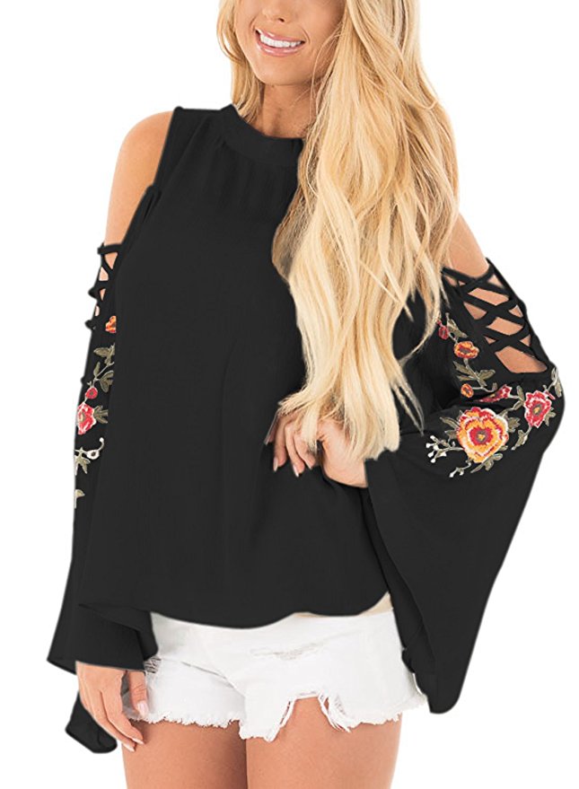 FARYSAYS Women's High Neck Cold Shoulder Long Bell Sleeve Floral Embroidery Chiffon T Shirt Tops Blouse( S-XXL )