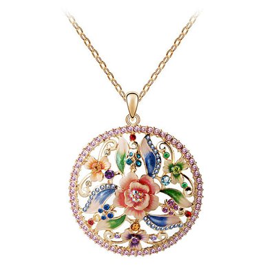Round Rose Shape of Oil Painting Long Pendant Sweater Necklace Fashionable Crystal Jewelry