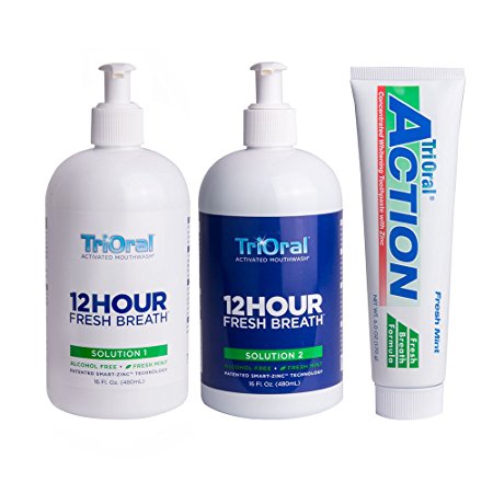 TriOral 12-hour Fresh Breath 2-bottle Rinse System and TriOral Action Toothpaste, Mint