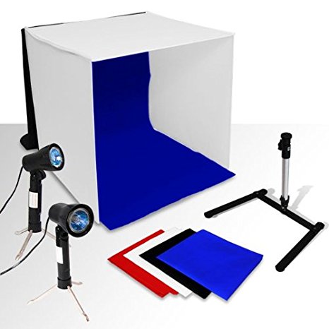 Ivationstudio 20" X 20" Photo Studio Folding Photography Tent Kit With 2 LED Lights, 2 Light Stands, 1 Tripod,   4 Colors Red, Black, Blue, White Backdrop   1 Carry Bag