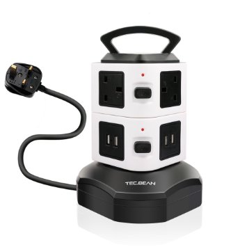 TEC.BEAN 3M 6 Gang Extension Lead Surge Protector, Vertical Power Strip with 4 USB Charging Ports Station and Overload Protection (6AC 4USB, Black White)