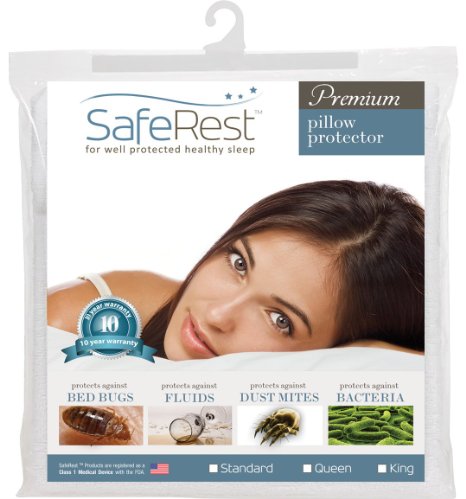 SafeRest Premium Hypoallergenic Bed Bug Proof Zippered Waterproof Pillow Protector 1 Queen Size